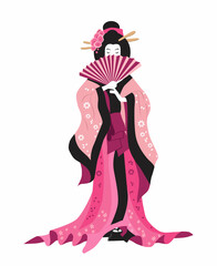 Japanese woman in a national costume with a fan in her hands. Geisha. Vector illustration in flat style, isolated on white background