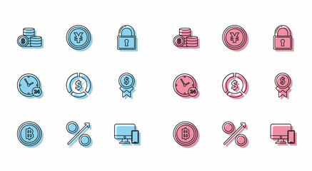 Set line Cryptocurrency coin Bitcoin, Percent up arrow, Computer monitor and mobile phone, Coin money with dollar symbol, Reward for good work, Clock 24 hours and Yen icon. Vector