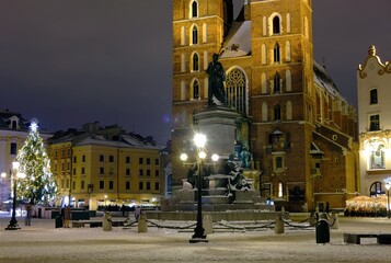Main Square in Krakow at night in winter