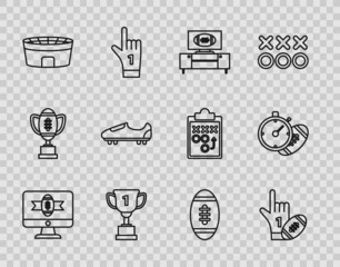 Set line American football on tv program, Number 1 one fan hand glove with finger raised and american, stand, Award cup, Football stadium, Soccer or shoes spikes, and stopwatch icon. Vector