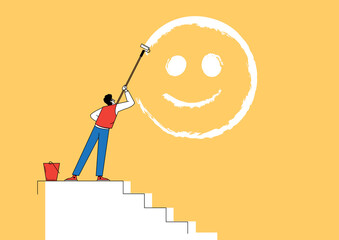 Happiness and positive thinking, optimism or motivation to live happy life concept. Boy climb up ladder to paint smile face on the wall. - 482383197