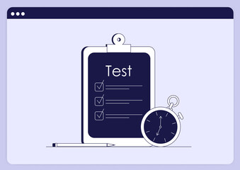 Work and exam test. Online testing. Concept of e-learning, examination on computer. Vector illustration of monitor with checklist form for exam, survey or quiz.