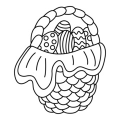 Nice wicker basket with easter eggs isolated on white background. Great for Easter greeting cards,  coloring books. Doodle hand drawn illustration, black outline.