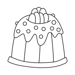 Easter cake decorated with little eggs, glaze and jelly beans in doodle style. Great for Easter greeting cards, coloring books. Hand drawn vector illustration black outline.