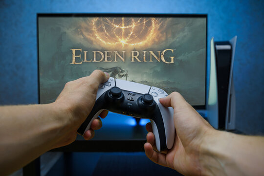 Elden Ring video game. Point of view angle of playing video game with Playstation 5 console.