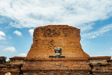 Aytthaya, Thailand, 22 Aug 2020 : Ancient old buddha statue sculpture at Wat phra mahathat is damaged at the old temple in Ayuthaya province, thailand. Selective focus.