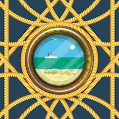 Round frame decorated with ship ropes. Painting with a ship in the ocean. Vacation Composition in a marine style. Vector illustration