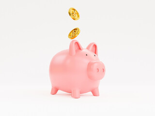 Golden coins putting to pink piggy save money on white background for deposit and financial saving growth concept by 3d render.