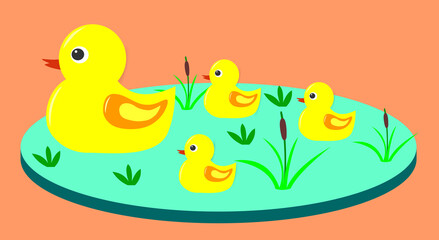 Obraz na płótnie Canvas Vector friend of the mother duck and her cute yellow children swimming in the pond there is grass, Best for decorating property pictures