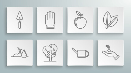 Set line Watering sprout, Garden gloves, Tree with pears, can, Sprout hand of environmental protection, Apple, Leafs and trowel spade or shovel icon. Vector