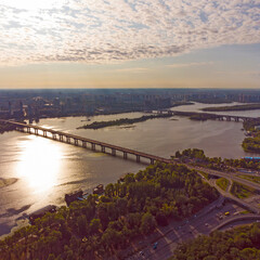 Fototapeta na wymiar Kyiv city aerial view with metro bridge and the Dnipro river, Ukraine