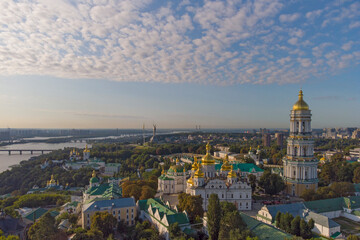 Kyivo-Pecherska Lavra and the Dnipro River , at sunrise time, taken with drone, Ukraine