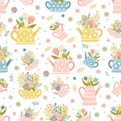 Spring Seamless pattern. Garden watering cans with delicate flowers. Colored doodles for Easter. Childish print for nursery. For posters, cards, clothes. Vector illustration in pastel colors     