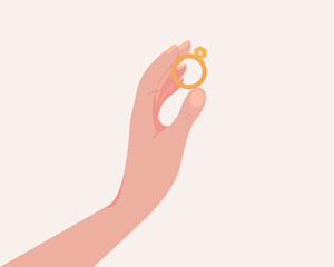 A man 's hand holds a ring . Marriage proposal, wedding ring as a gift. Vector illustration.Happy Valentine's Day, A man holding an engagement ring.