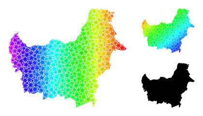 Spectral gradient star collage map of Borneo Island. Vector colored map of Borneo Island with spectral gradients. Mosaic map of Borneo Island collage is composed with chaotic colored star elements.