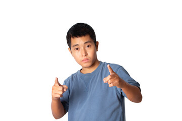 Man pointing with his fingers against isolated on white background.