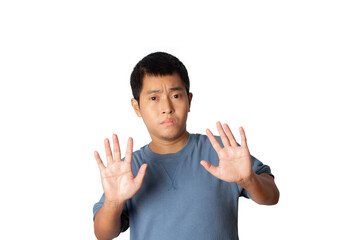 Man show stop gesture sign by hand, hands show refusal gesture.