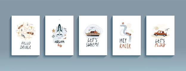 Set of funny posters inspirational phrases for a boy. Сartoon flyers with transport and lettering, kids collection for room decoration, templates postcards. Vector illustration