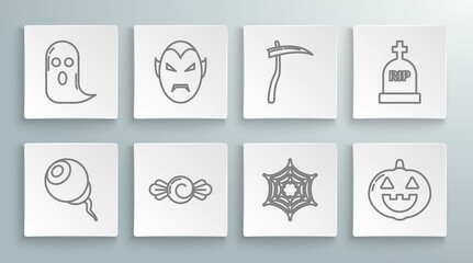 Set line Eye, Vampire, Candy, Spider web, Pumpkin, Scythe, Tombstone with RIP and Ghost icon. Vector