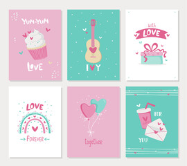 Fototapeta na wymiar Valentine's Day card set - handmade style with calligraphy. Templates for flyers, postcards, cards with an inscription. Vector illustration.