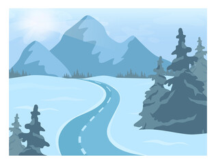 Winter landscape. Empty road with snowy hills and forest scenery.