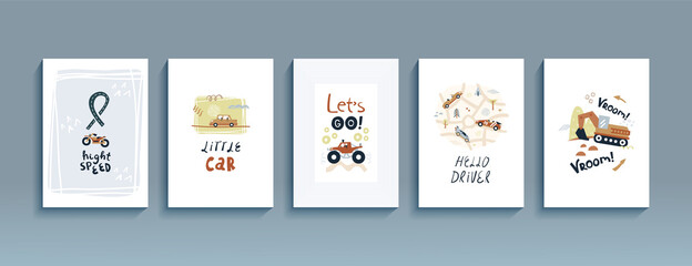 Set of funny posters inspirational phrases for a boy. Сartoon flyers with transport and lettering, kids collection for room decoration, templates postcards. Vector illustration