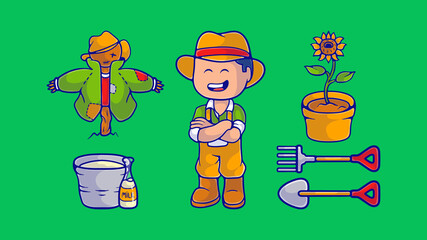 cute farmer collection illustration with kid and game style
