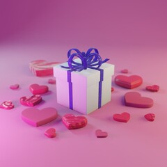 gift box with blue ribbon and with hearts - 3D render - holiday - depth of field - festive - valentine's day