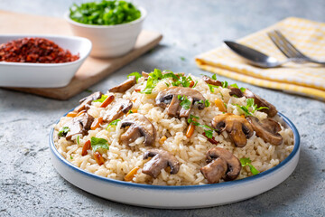 Mushroom rice pilaf, Turkish name; Mantarli pirinc pilavi