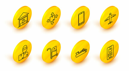 Set line Mobile phone with app delivery tracking, Cargo ship boxes service, Hand truck and, Delivery man cardboard, Plane, Cardboard traffic symbol and Warehouse icon. Vector