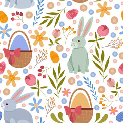 Seamless pattern of Easter elements. Rabbits, Easter eggs, different flowers, twigs and leaves. Easter vector background. Hand drawn