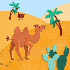Illustration in flat papercut style of proud camel in the desert.
Cute funny african animals design for cards, backgrounds, websites, decoration of children's rooms and clothes