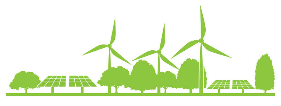 sustainable green energy concept banner, solar farm on green ground with trees, vector illustration