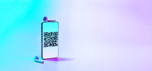 Mobile qr code. Digital smart phone with qr code scanner on smartphone screen for payment, online pay, scan barcode technology on neon background. Mobile banking. Customers can pay through qrcode.