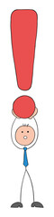 Stickman businessman holding up the man's big exclamation point, hand drawn cartoon vector illustration.