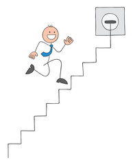 Stickman businessman is trying to reach the top by running on cable stairs, hand drawn cartoon vector illustration