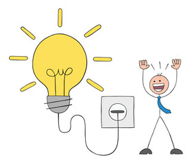 Light bulb is plugged in and glowing and stickman businessman is very happy, hand drawn outline cartoon vector illustration