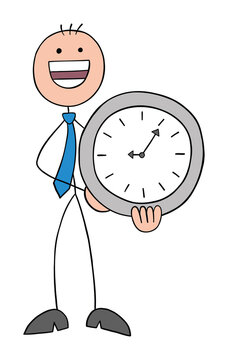 Stickman businessman holding clock and very happy, hand drawn cartoon vector illustration