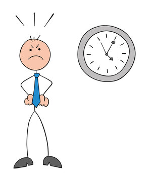 Stickman businessman is in front of the clock with his hands on his waist and very angry, thinks it's late, hand drawn cartoon vector illustration