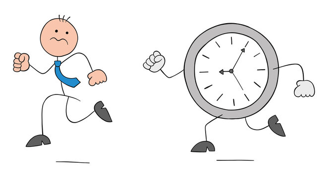 Stickman businessman is afraid of the clock and runs away, hand drawn cartoon vector illustration