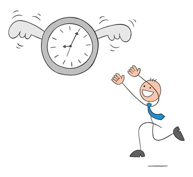 Stickman businessman is chasing the winged flying clock and trying to catch it, hand drawn cartoon vector illustration