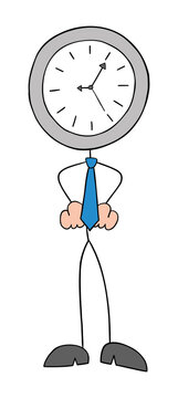 Stickman businessman stands with a clock head and hands on his waist, hand drawn cartoon vector illustration