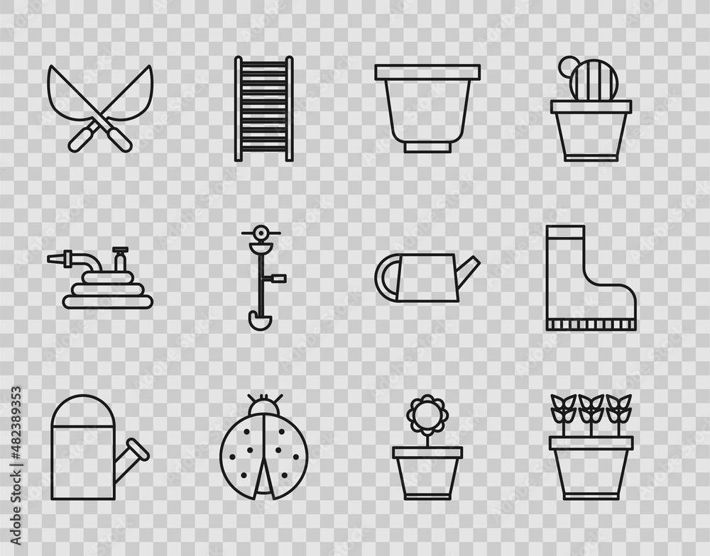 Sticker Set line Watering can, Plants pot, Flower, Ladybug, Gardening handmade scissors, Grass weed electric string trimmer, and Waterproof rubber boot icon. Vector