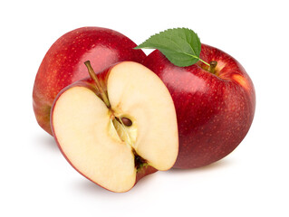 Red apple with leaves and halves isolated on white background, cut out