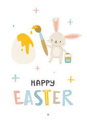 Easter bunny with paint bucket and brush paints egg. Funny cartoon easter vector poster with lettering.