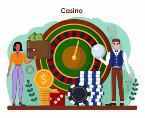 Croupier concept. Person in uniform behind a gambling counter.