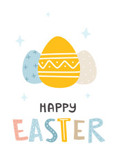 Poster with painted easter eggs. Doodle happy easter card.