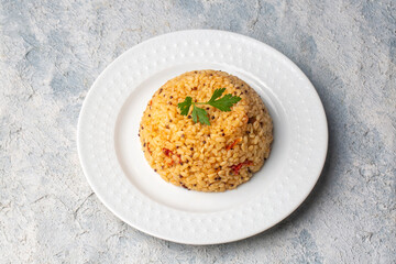 Bulgur pilaf with quinoa, food concept photo. Turkish name; kinoali bulgur pilavi