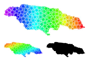 Obraz premium Spectrum gradient star collage map of Jamaica. Vector colored map of Jamaica with spectral gradients. Mosaic map of Jamaica collage is done with randomized colorful star elements.
