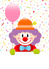 Clown Lila Haare Hält Pinken Luftballon Banner Luftschlangen Und Konfetti